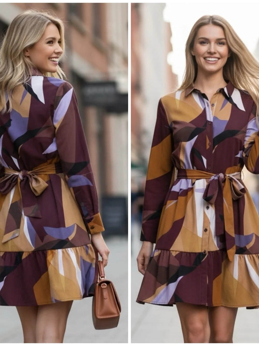 Nine West Ruffle Print Shirtdress in Burgundy & Mustard multicolor - Picture 2 of 6